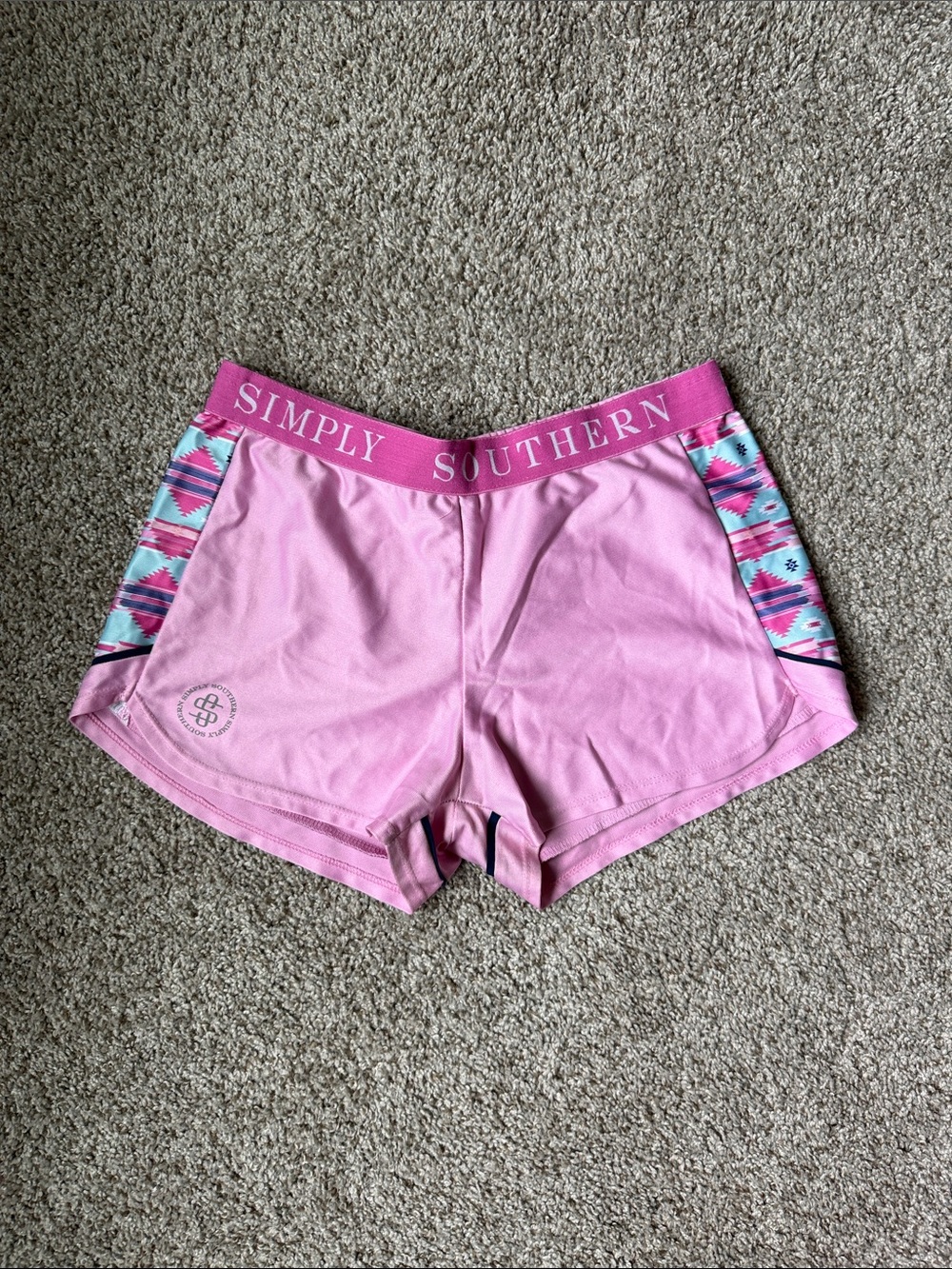 Simply Southern Pink Athletic Shorts with Aztec Accent Panels